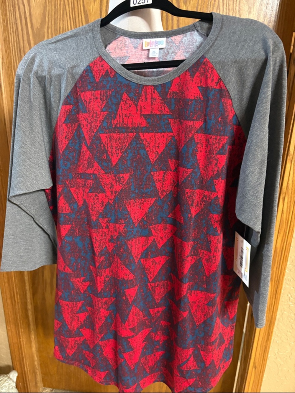 LuLaRoe Red and Gray Geometric Raglan Top